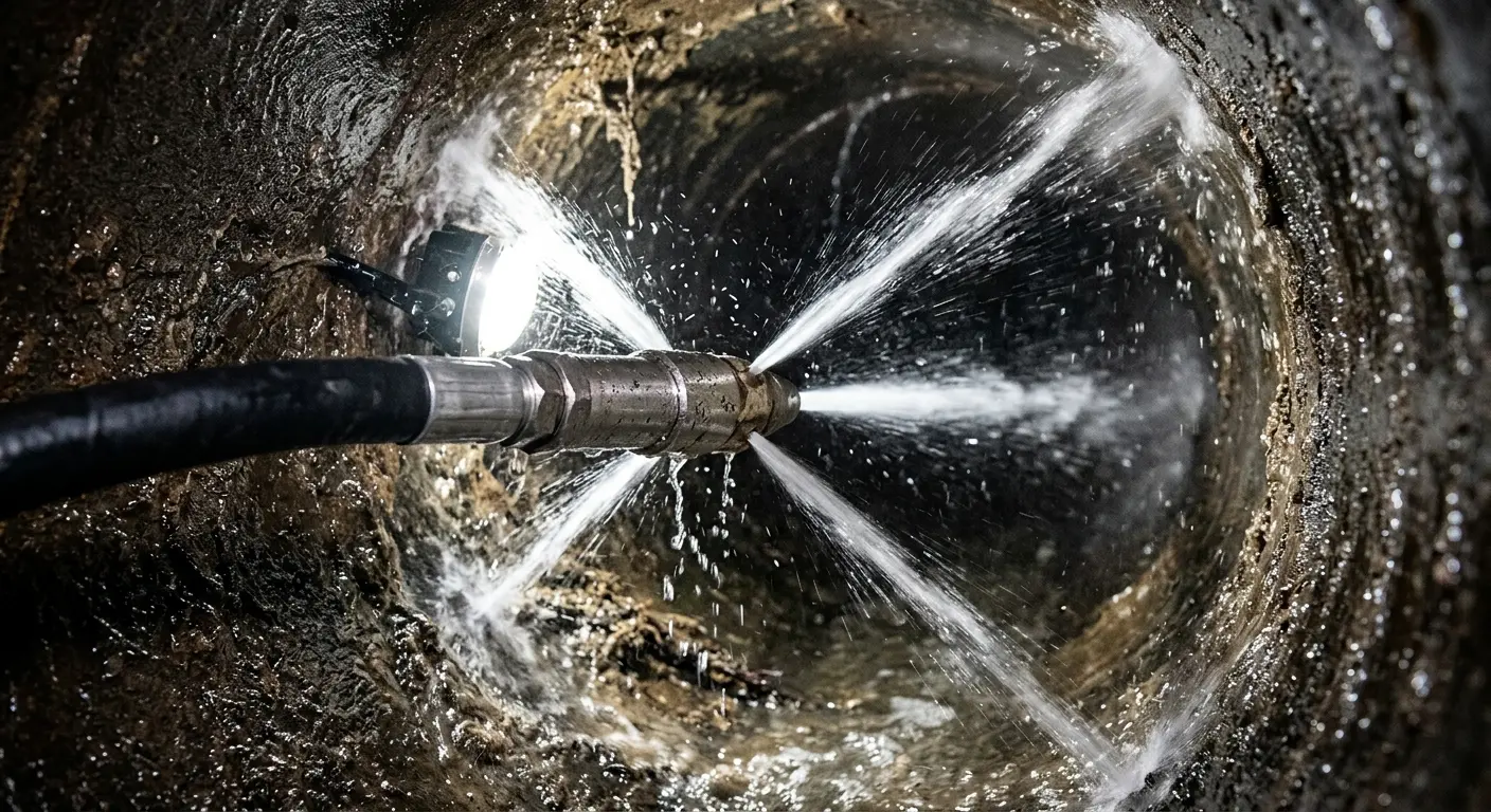 High-pressure hydro jetting nozzle cleaning sewer pipe for Sewer Line Relining in Frederickson