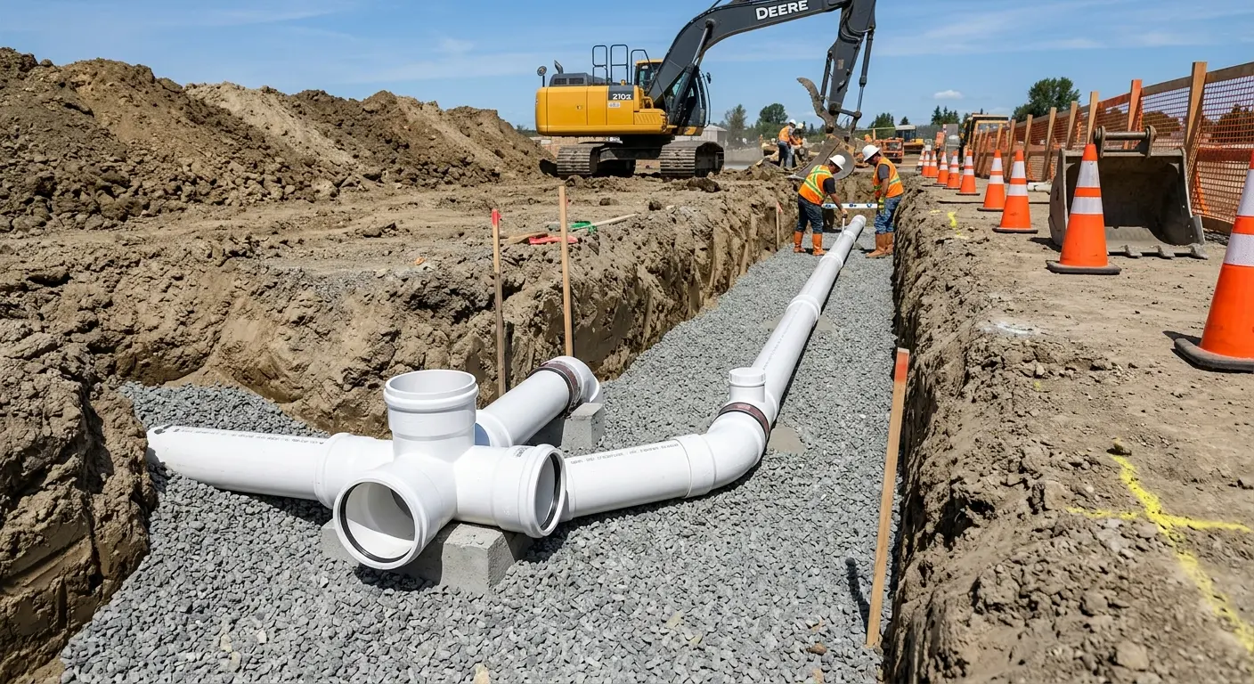 New PVC sewer pipe installation in open trench for Commercial Drain Cleaning in Frederickson