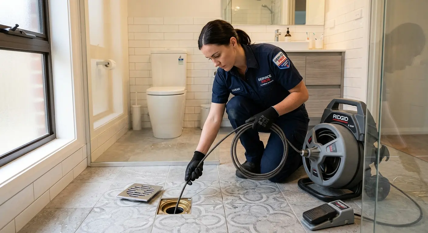 Technician clearing a bathroom floor drain for Drain Repair in Frederickson